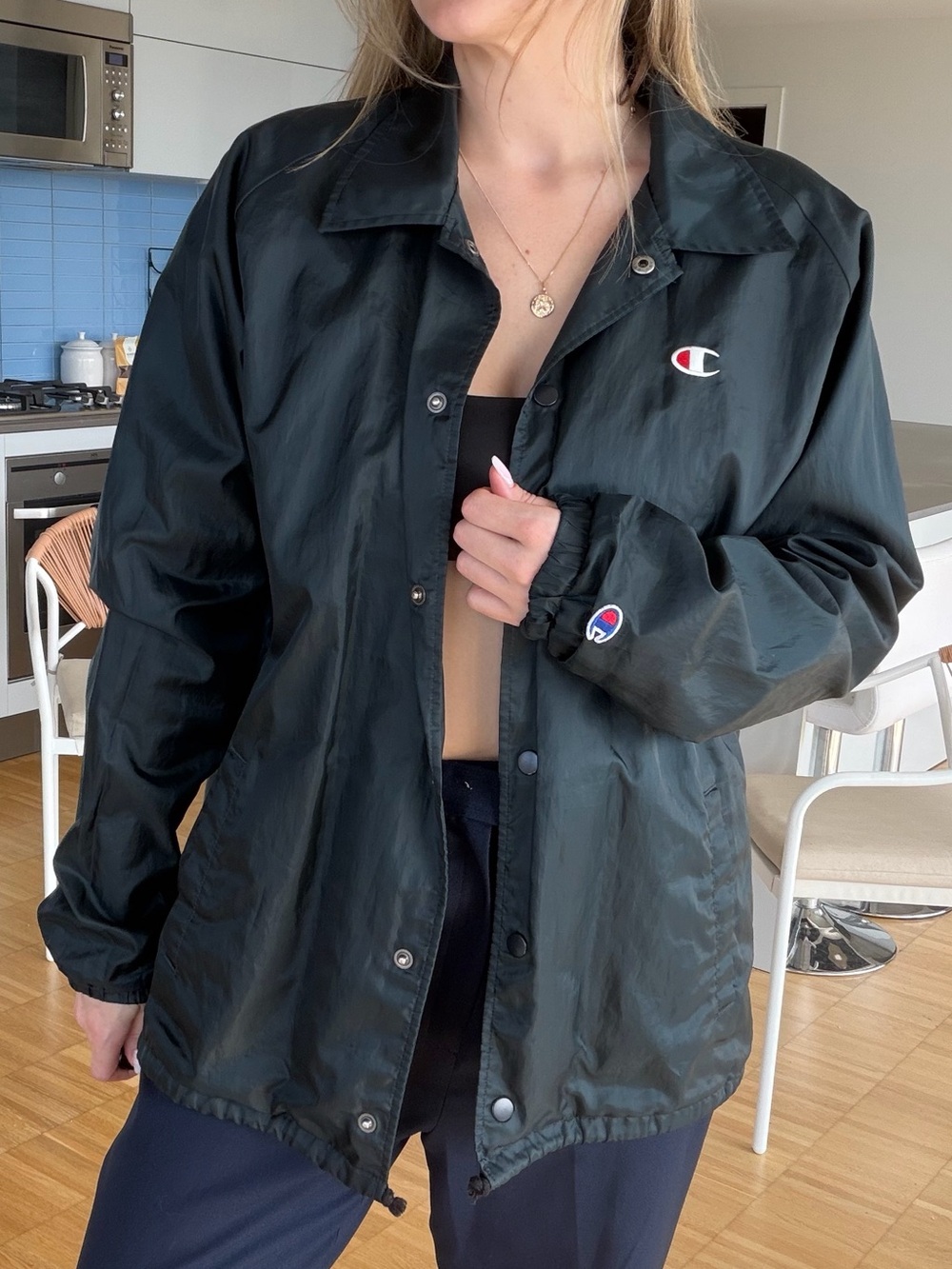 Champion vintage retro dark blue/green Snap-Front Coach Jacket